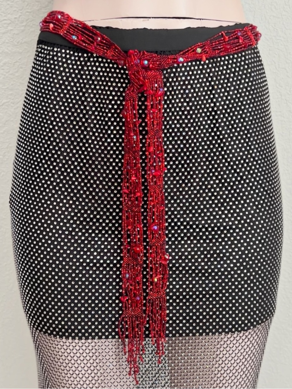 Vintage Space Age Inc Red Beaded Scarf Belt Lariat Hip Sash Boho Goth OSFM